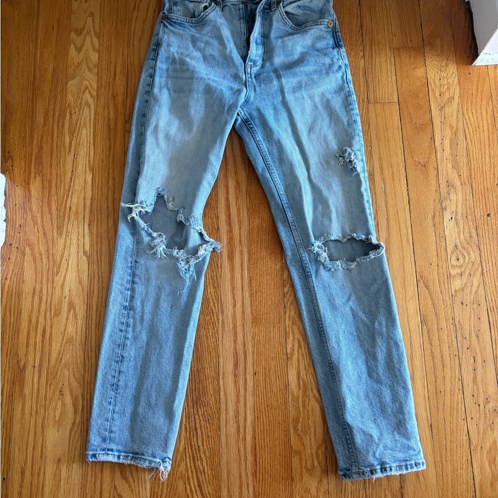 Zara Women's Distressed Blue Straight Leg Jeans